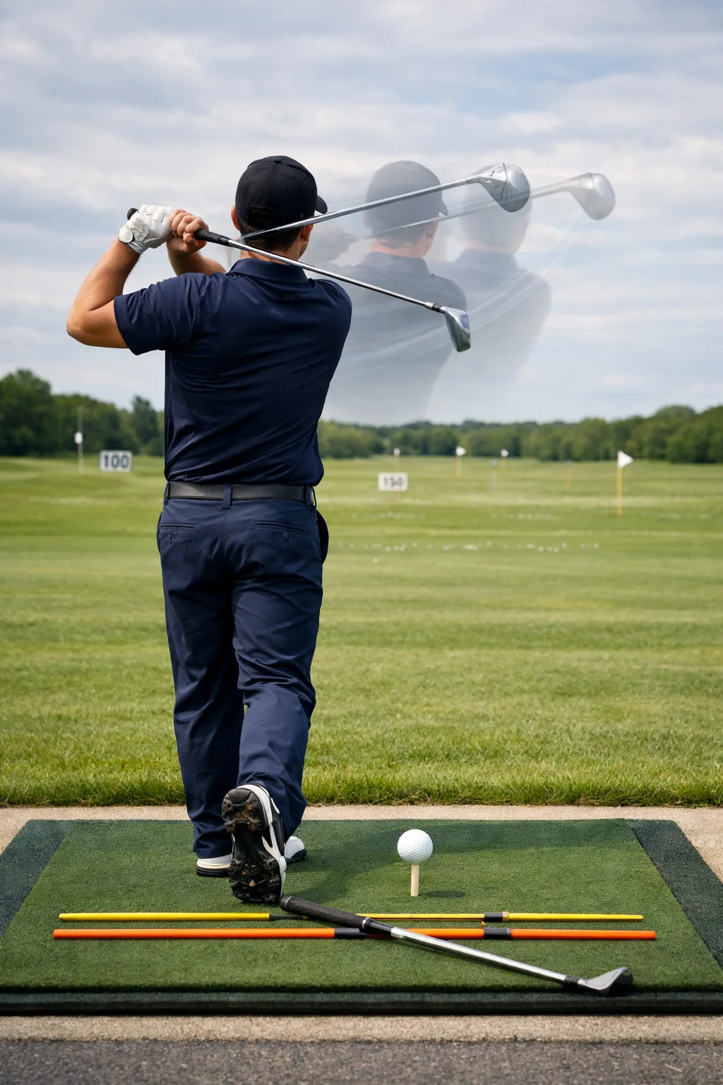 Beginner golfer practicing golf mechanics in a balanced follow-through at a driving range, with ball, clubs, and alignment sticks.
