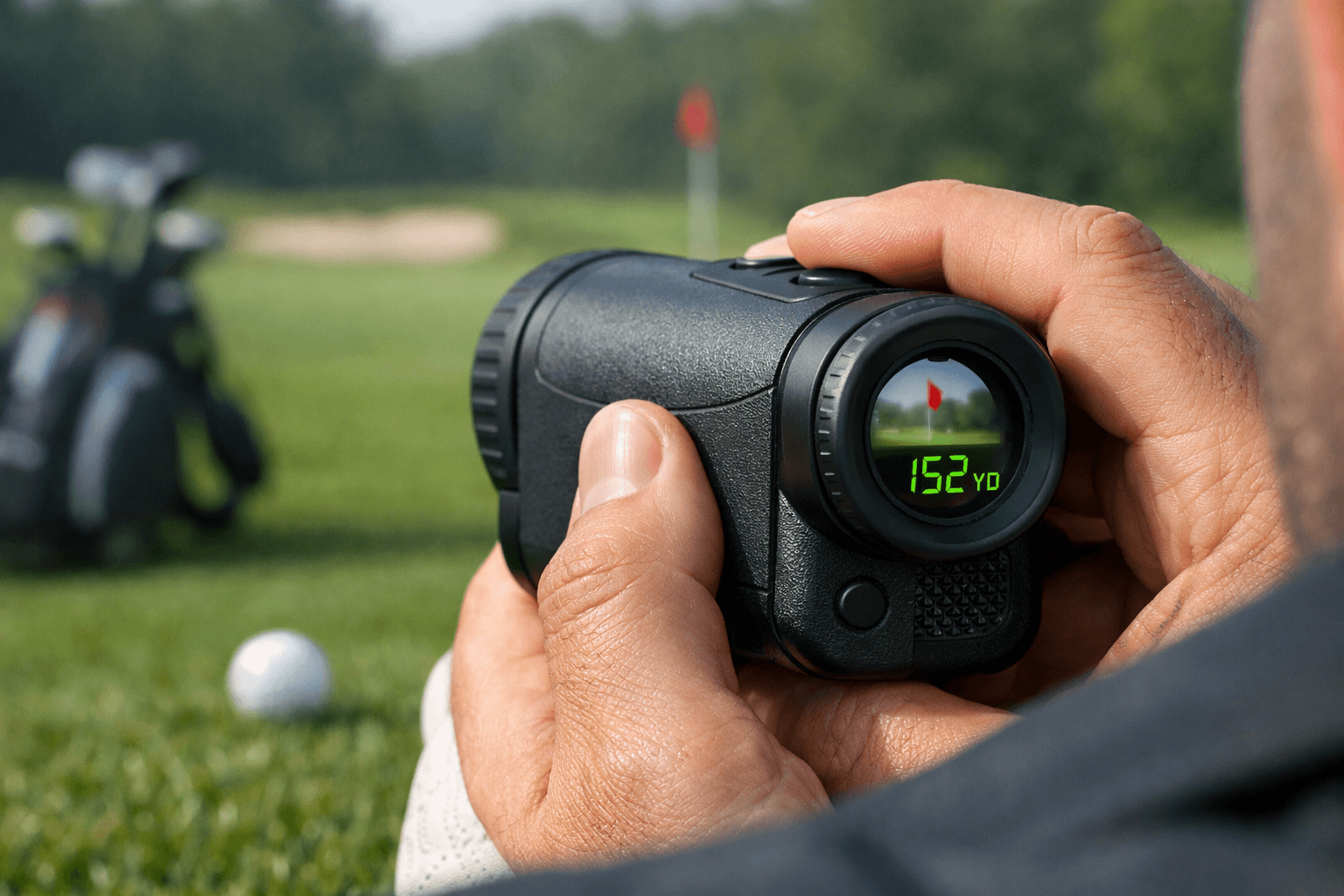 Golfer’s hands aim a golf rangefinder at a distant red flag, with yardage display, ball, green, and blurred clubs visible.