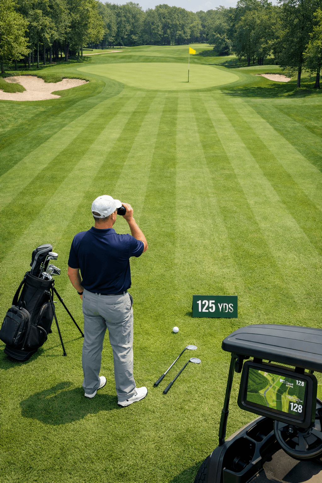 Overhead golfer using a golf rangefinder beside a stand bag, clubs, ball, cart yardage screen, and distant flag on a fairway.