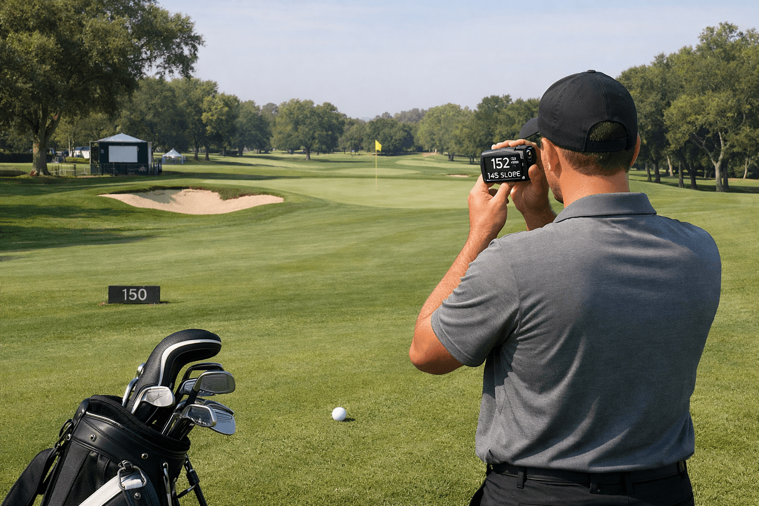 Golfer using a golf rangefinder on a manicured fairway, with clubs, ball, flagstick, green, bunkers, and distance marker visible.
