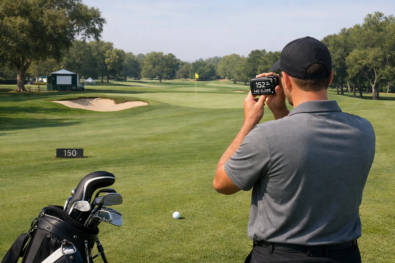 Golfer using a golf rangefinder on a manicured fairway, with clubs, ball, flagstick, green, bunkers, and distance marker visible.
