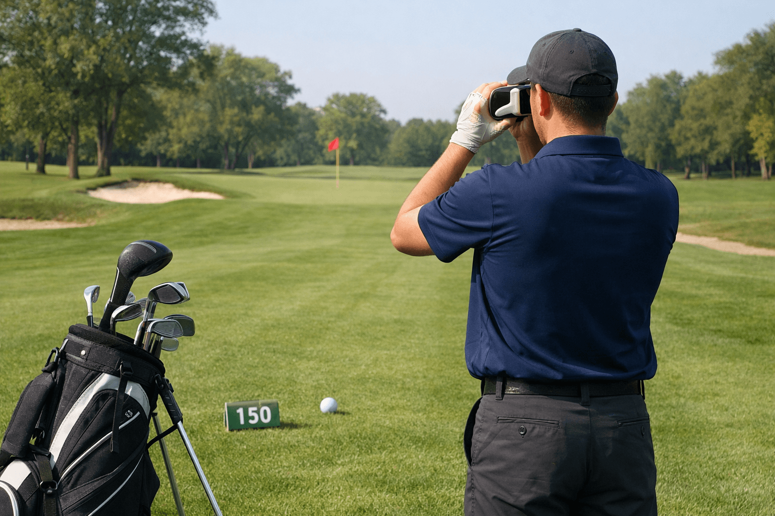 Golfer aligns a golf rangefinder toward a distant red flag on a manicured fairway, with clubs and bag nearby.