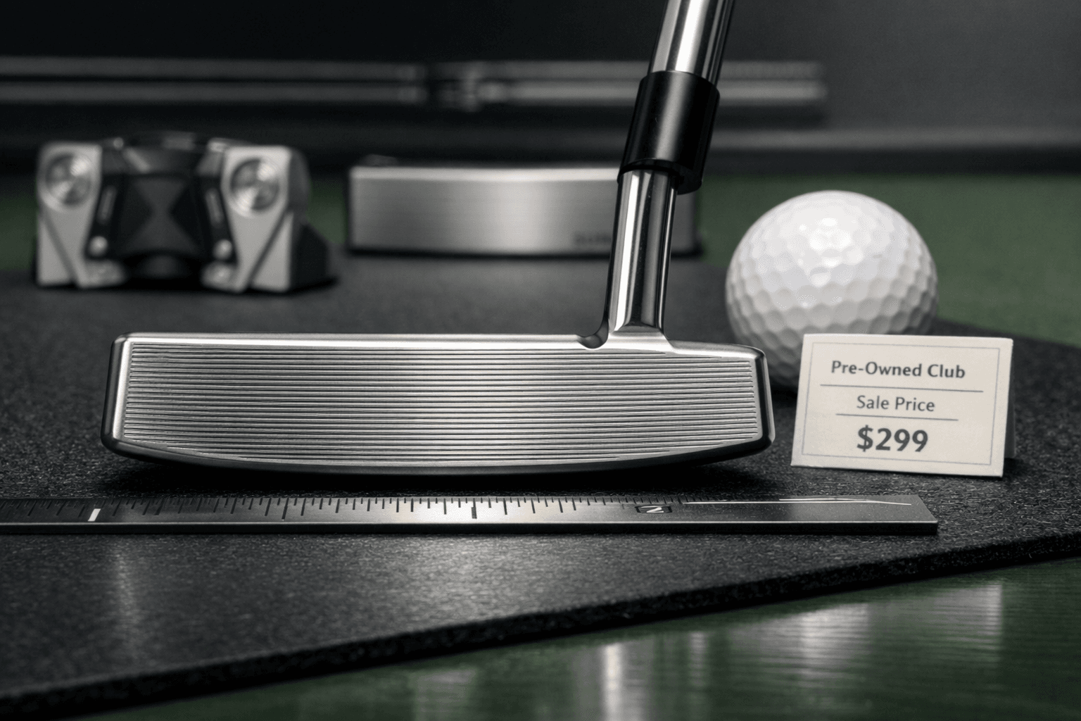 Macro scotty cameron golf putter face with milled grooves, fitting ruler, ball, and blurred blade and mallet putters.