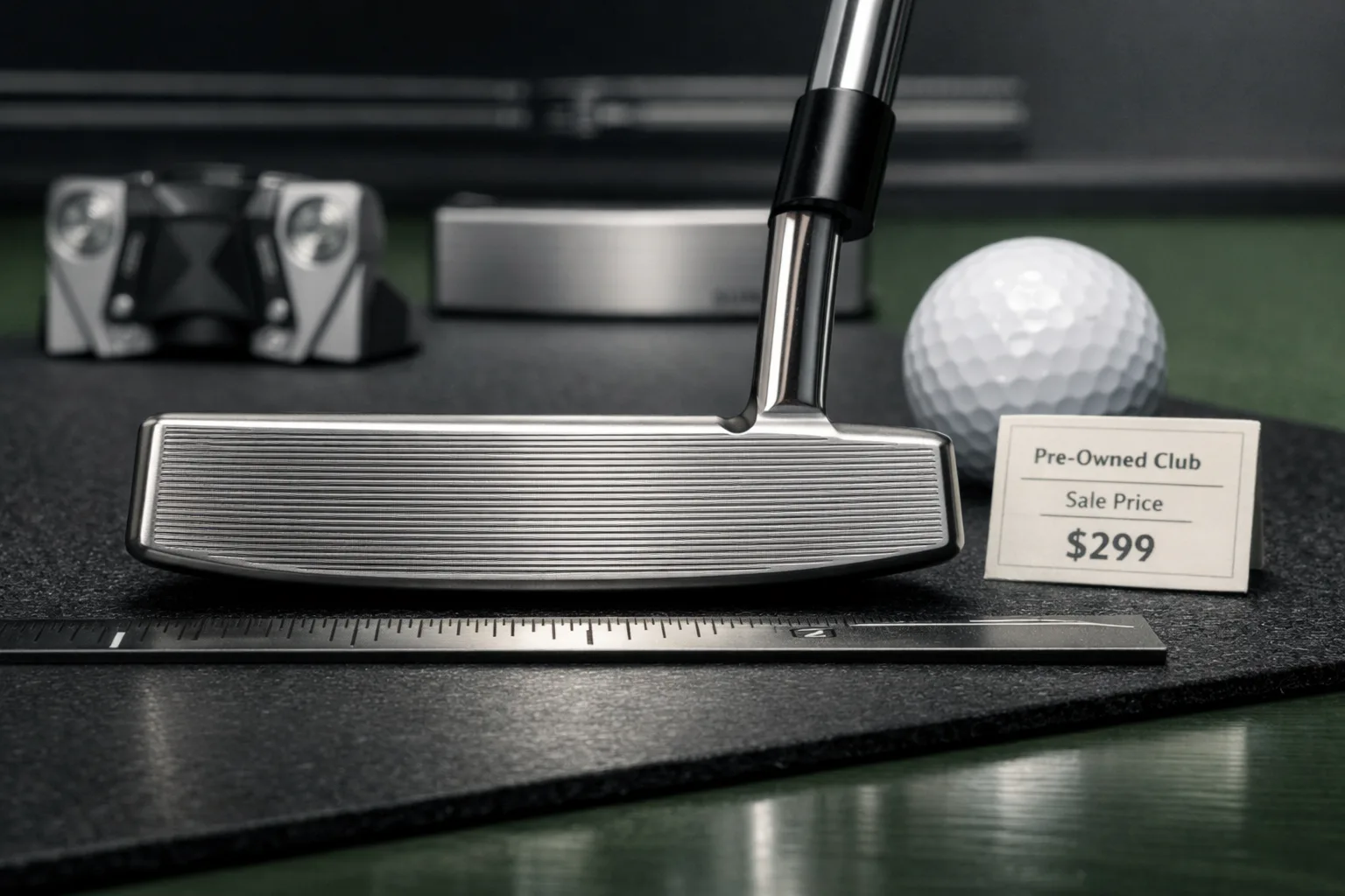 Macro scotty cameron golf putter face with milled grooves, fitting ruler, ball, and blurred blade and mallet putters.