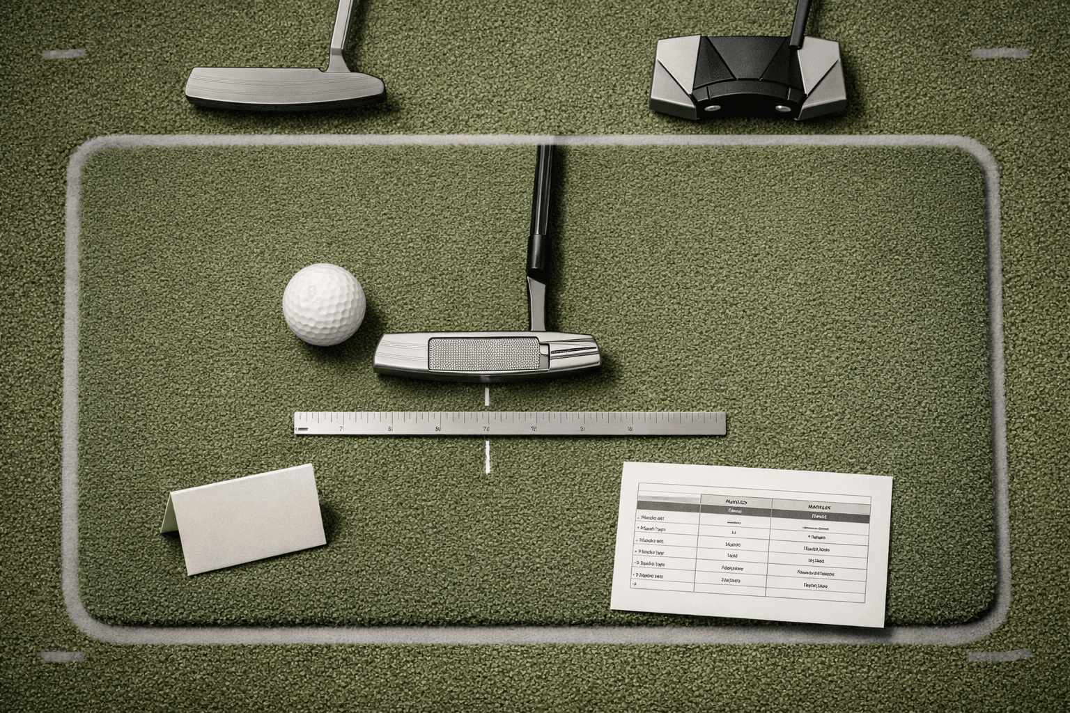 Scotty Cameron golf putter lineup arranged on a studio putting surface with ball, alignment ruler, and comparison sheet