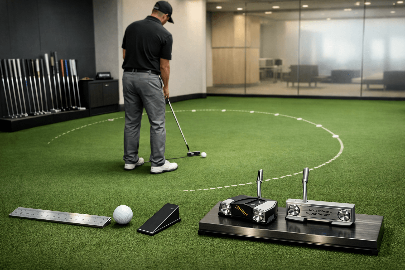Golfer testing a Scotty Cameron golf putter’s toe hang along an inside-to-square-to-inside stroke arc in a putting studio.