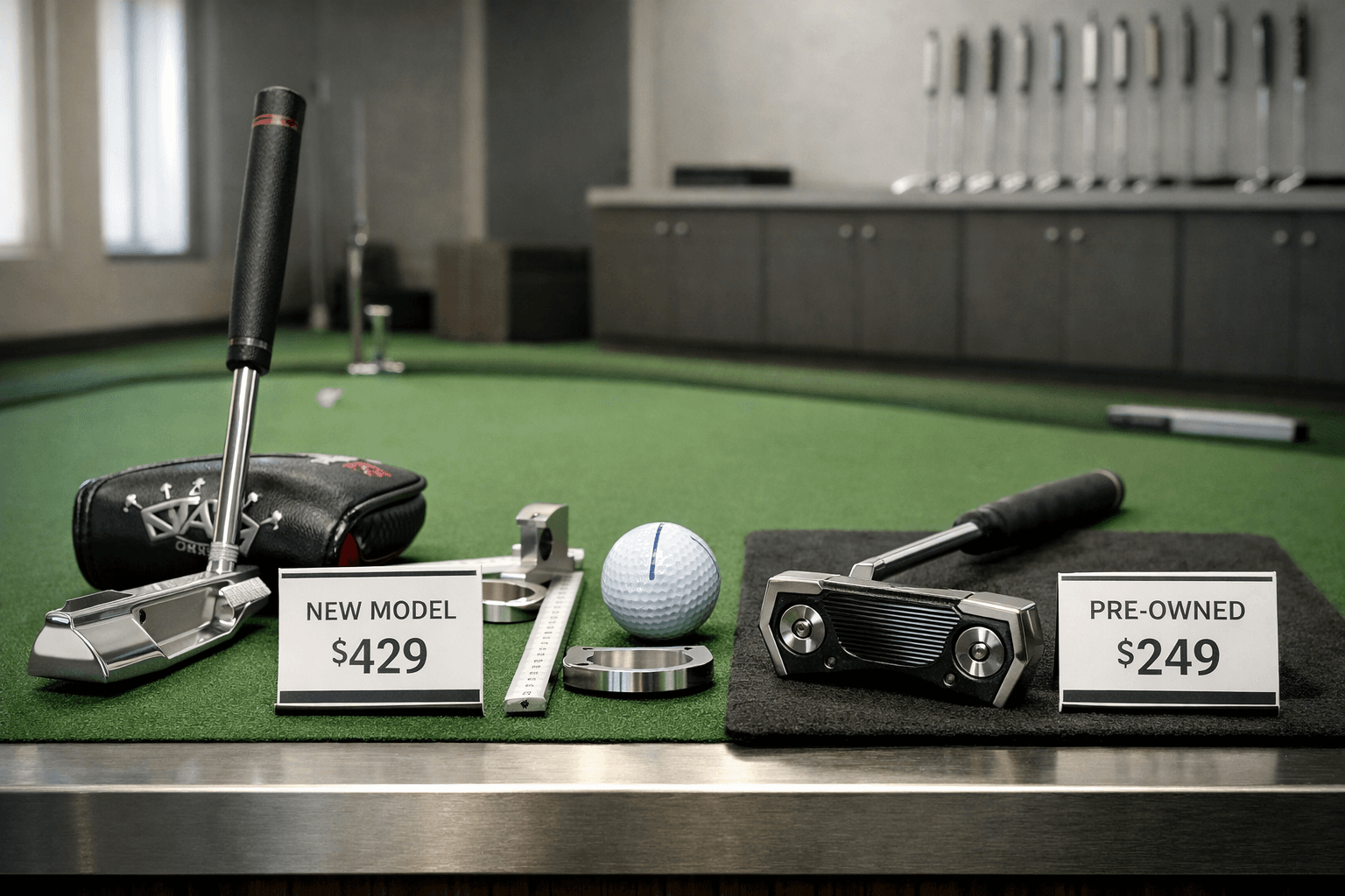 New and pre-owned Scotty Cameron golf putter compared on a fitting studio counter with tools, price cards, and wear details.