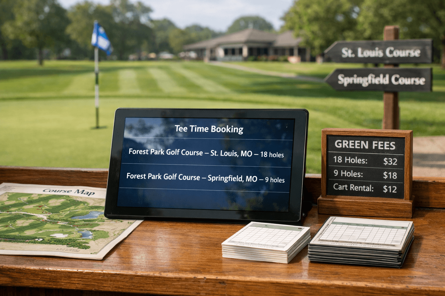 Forest Park Golf Courses: Location, Fees, and Layouts 1 Forest Park golf courses comparison screen showing St. Louis 18-hole and Springfield 9-hole layouts beside maps and scorecards.