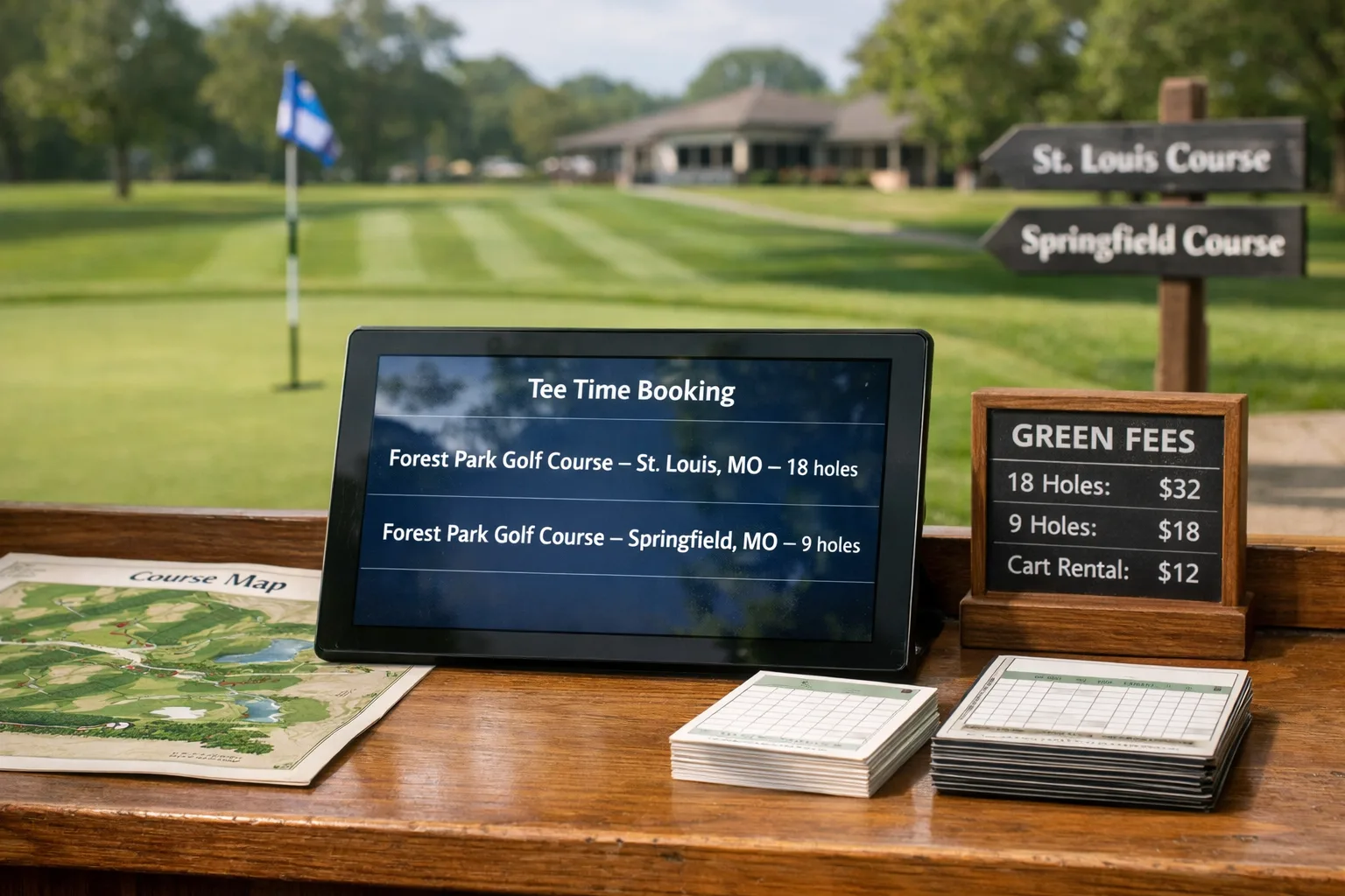 Forest Park Golf Courses: Location, Fees, and Layouts 2 Forest Park golf courses comparison screen showing St. Louis 18-hole and Springfield 9-hole layouts beside maps and scorecards.