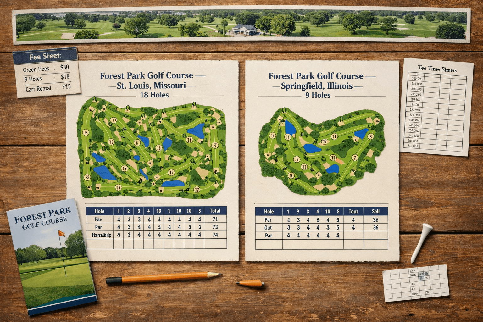 Side-by-side maps compare forest park golf courses in St. Louis and Springfield, with scorecards, fees, and tee-time details.