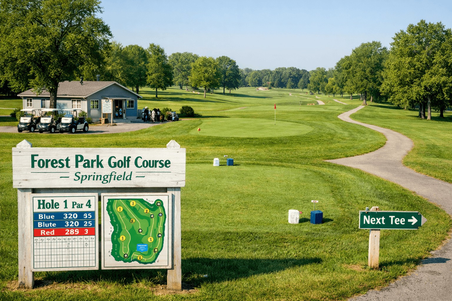 Forest Park Golf Course sign, nine-hole layout, fairways, greens, clubhouse, and map in Springfield; forest park golf courses