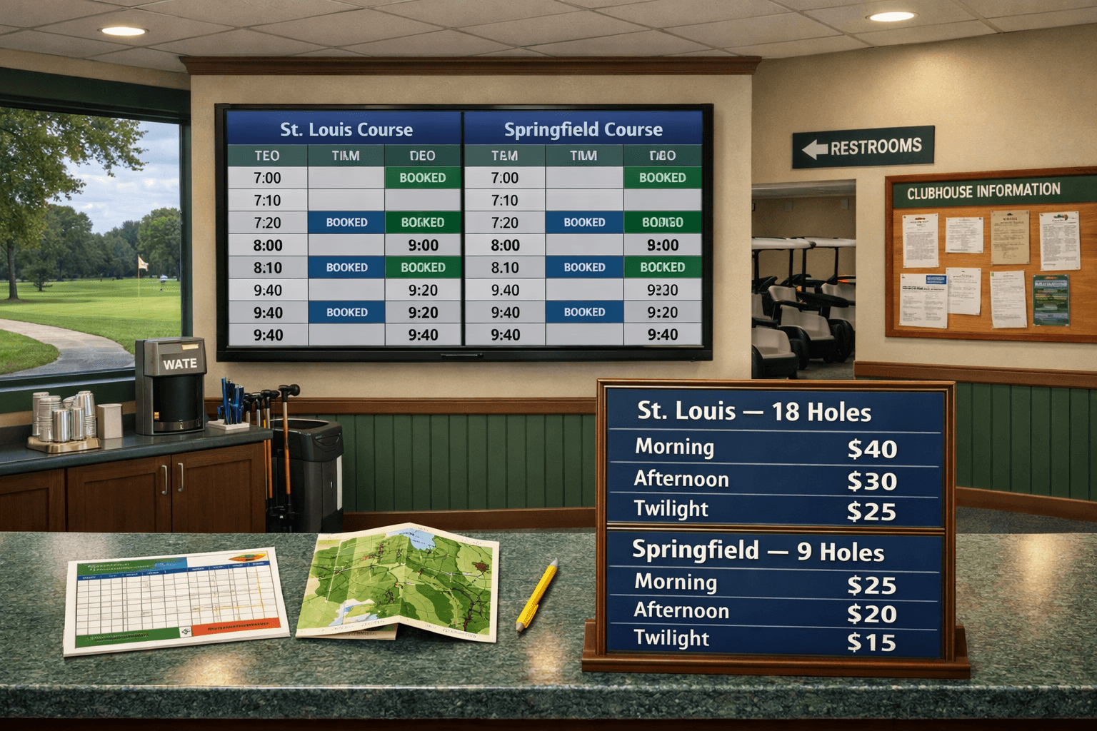 Forest Park golf courses clubhouse counter with fee comparison, tee-time screen, golf grounds, and practical amenities.