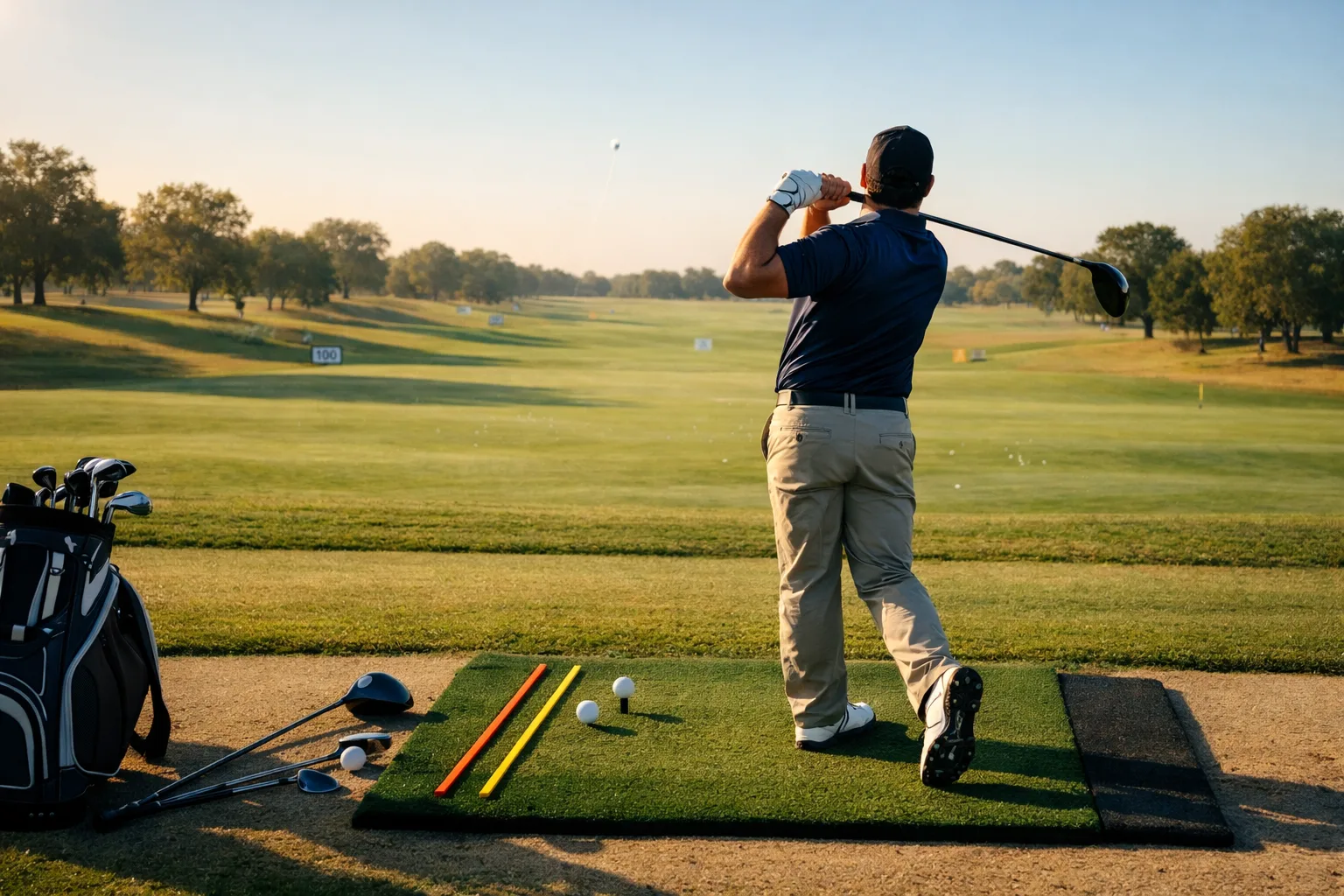 The complete guide on how to hit a golf ball 1 Beginner golfer completing a golf hit at a sunny practice range, with clubs, alignment sticks, fairway, and rising ball visible.