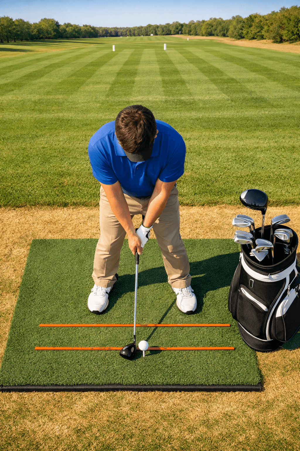 Overhead beginner golfer practicing golf hit stance on a tee mat with alignment sticks, ball, iron, golf bag, and fairway.