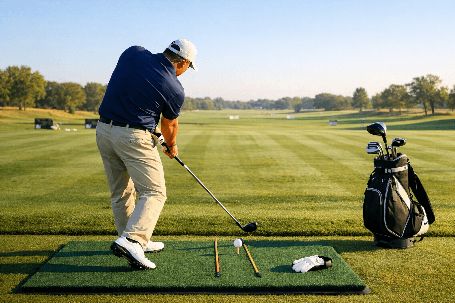 Beginner golfer in downswing on a practice tee, with ball, alignment sticks, and bag visible—golf hit in progress.
