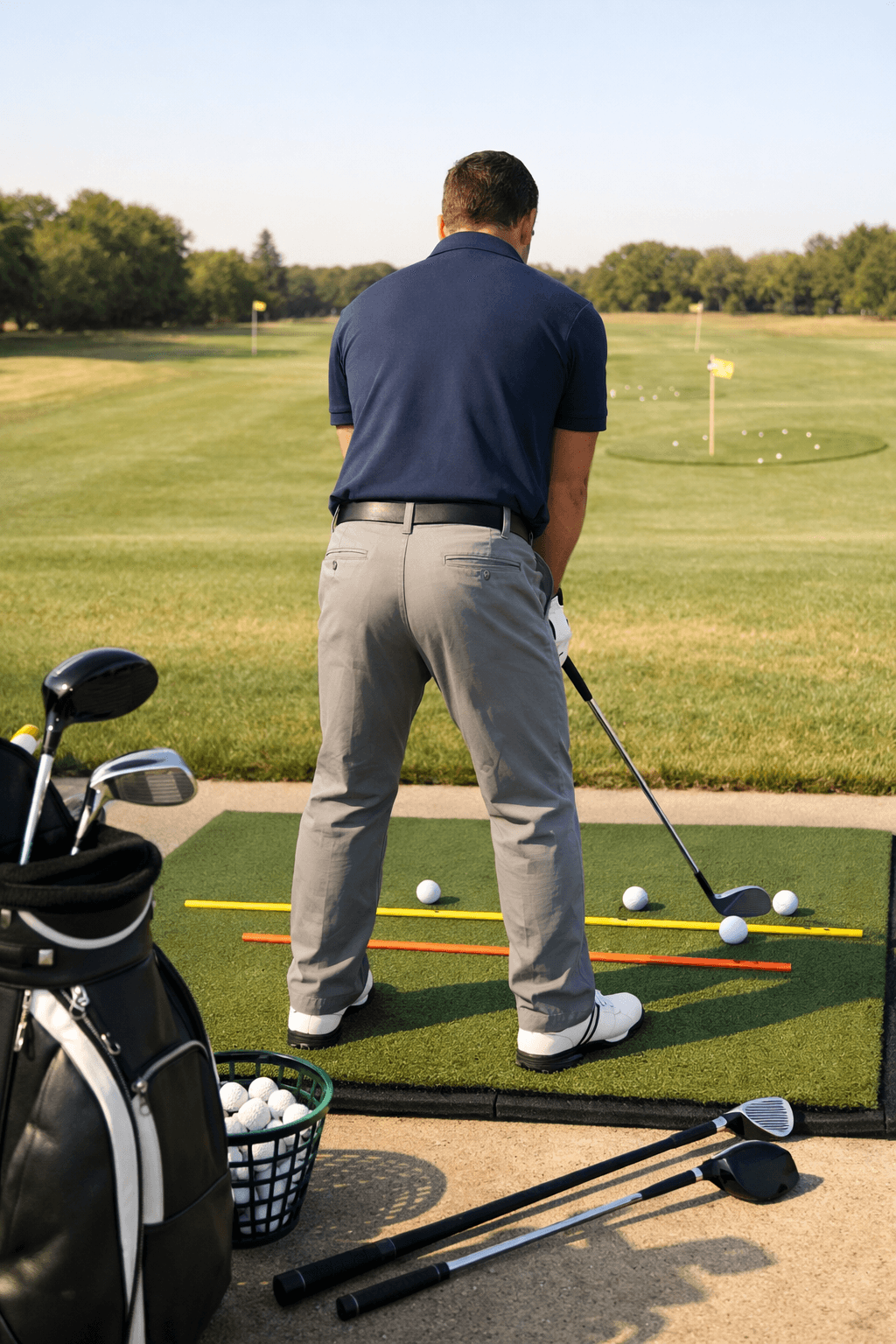 Beginner golfer practices a golf hit at a sunny tee, aligned over a teed ball with sticks, clubs, and range flags nearby.