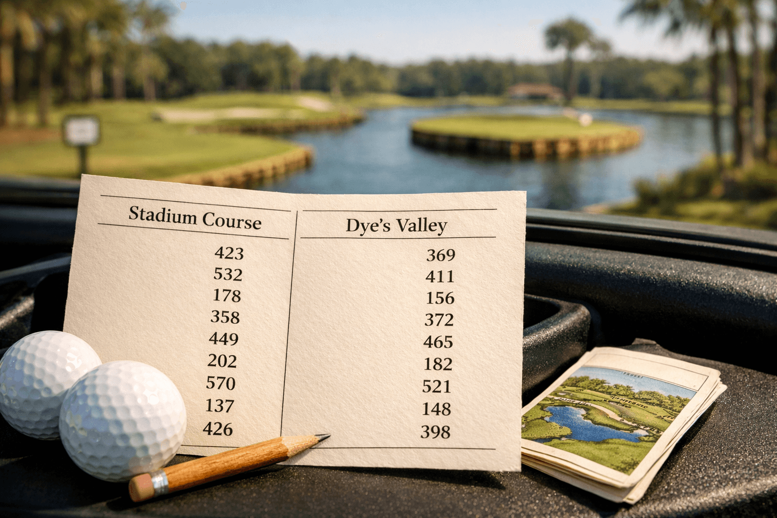 Open scorecard comparing tpc sawgrass golf courses beside golf balls and pencil on a cart, with blurred fairways and island green.