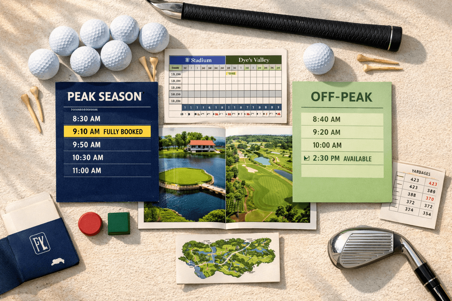 Flat lay comparing peak and off-peak tee-time bookings for tpc sawgrass golf courses, with scorecard, golf balls, tees, and course guide.