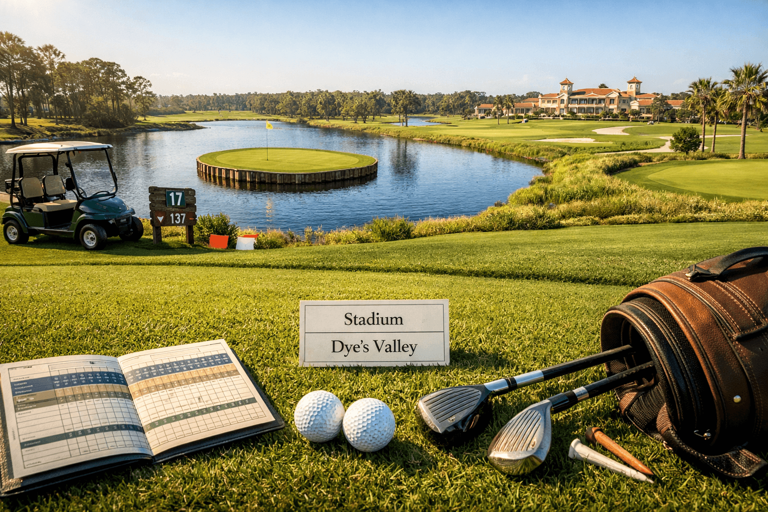 TPC Sawgrass golf courses comparison with scorecard, balls, clubs, Stadium 17th island green, Dye’s Valley, and clubhouse.