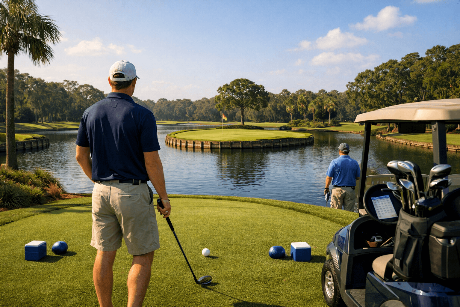 Golfer tees off toward island green at tpc sawgrass golf courses, with water, flag, palms, cart, and another golfer visible.