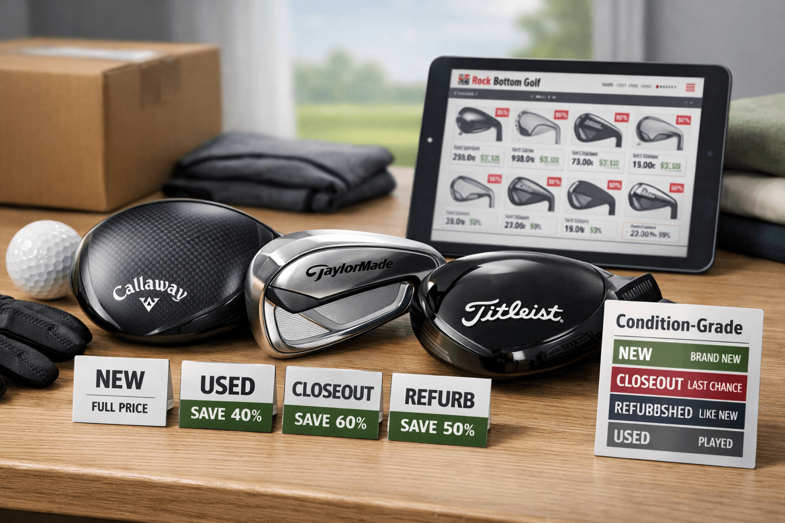 Rock bottom golf comparison with Callaway, TaylorMade, and Titleist clubs, price cards, golf ball, glove, and product tablet.