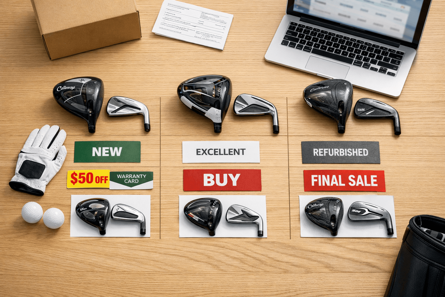 Flat lay comparing Callaway, TaylorMade, and Titleist golf clubs, prices, condition cards, and gear on a desk for rock bottom golf shopping.