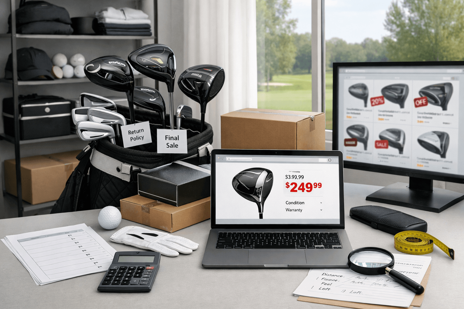 Bright golf gear shopping workspace with laptop, comparison notes, clubs, pricing tags, and rock bottom golf listings.