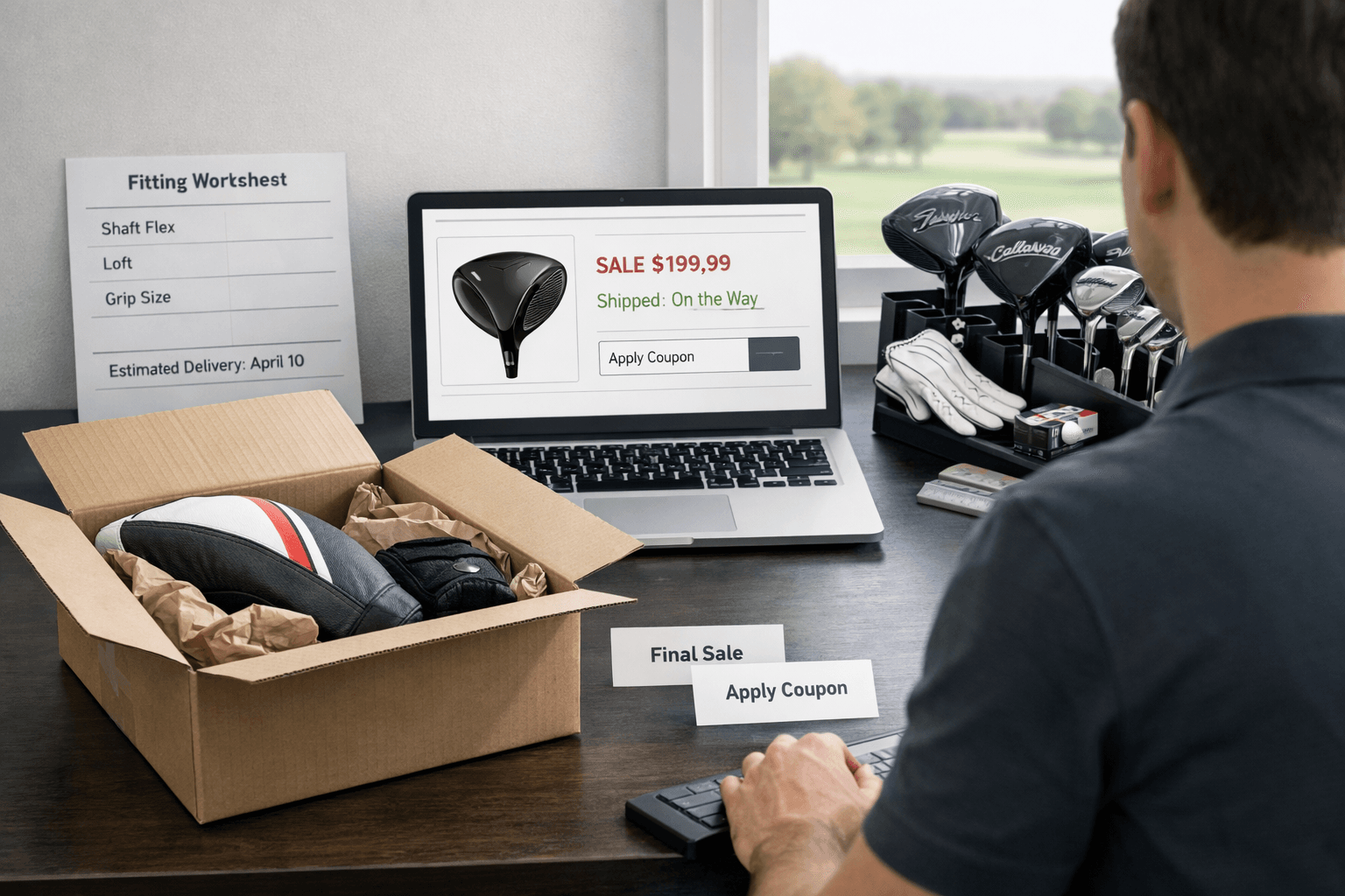 Rock bottom golf workspace with opened driver shipment, fitting notes, laptop listing, club rack, and attentive shopper.