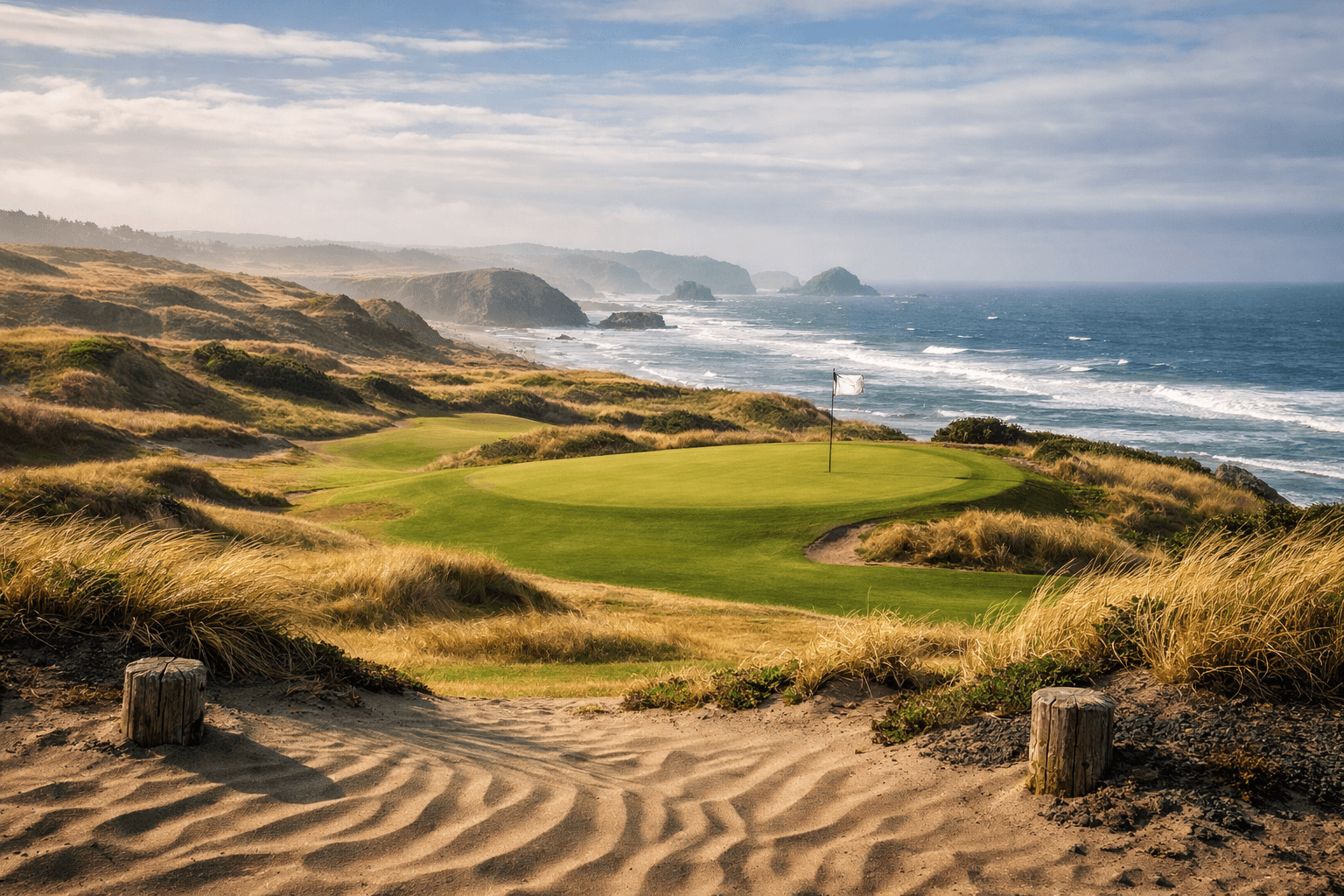 oregon golf course bandon dunes with tawny fairways, rugged sea cliffs, Pacific surf, and windswept coastal grass
