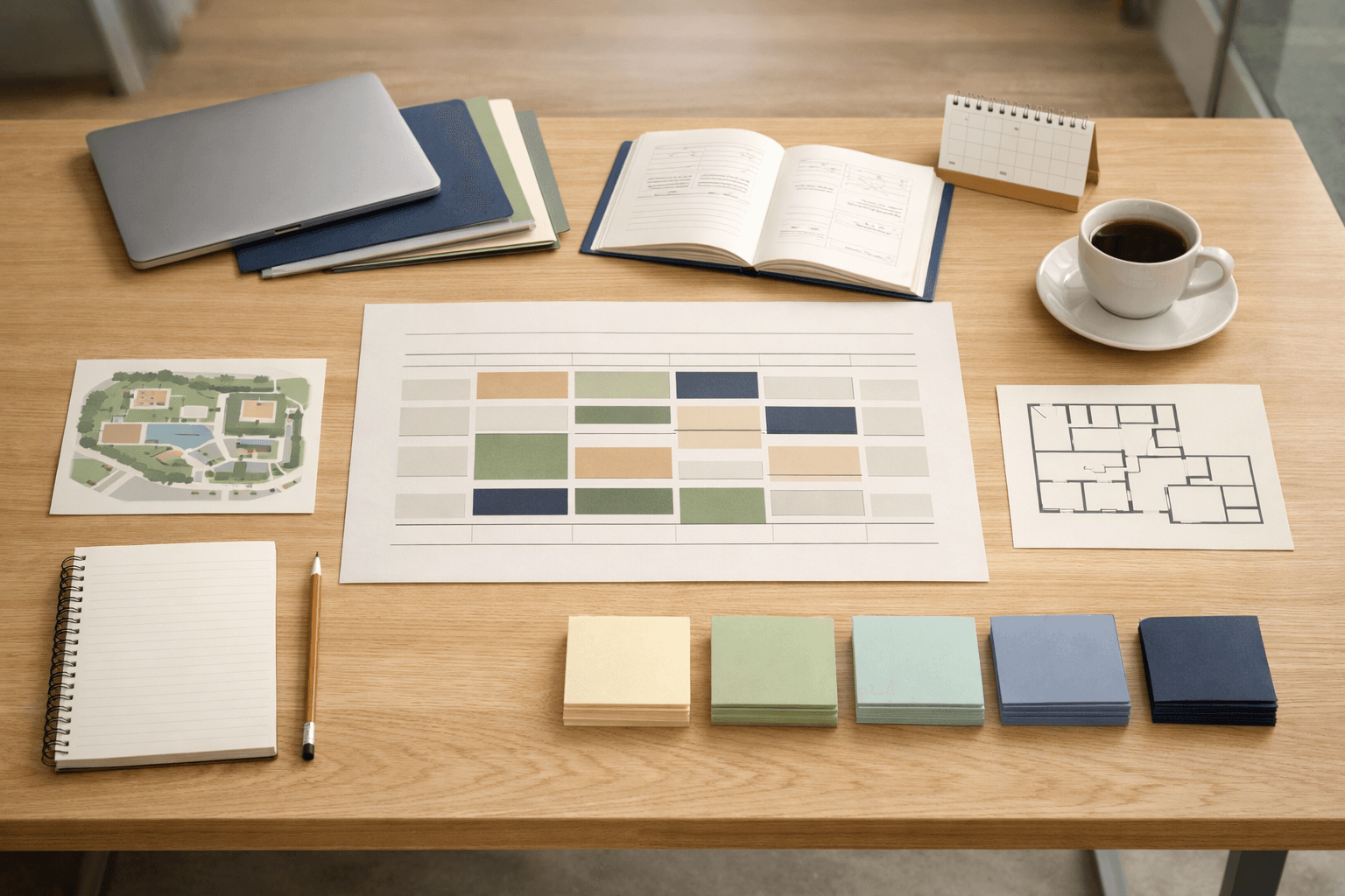 Overhead training table flat lay with study materials, timetable, site maps, and coffee; oregon golf course bandon dunes context.