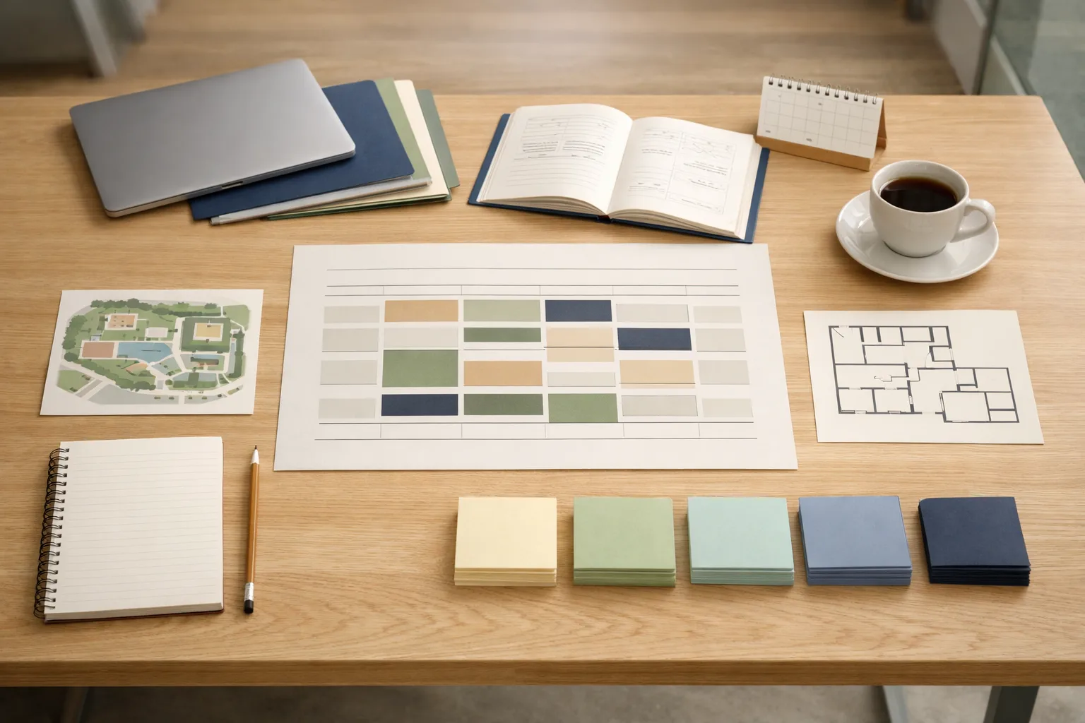 Overhead training table flat lay with study materials, timetable, site maps, and coffee; oregon golf course bandon dunes context.