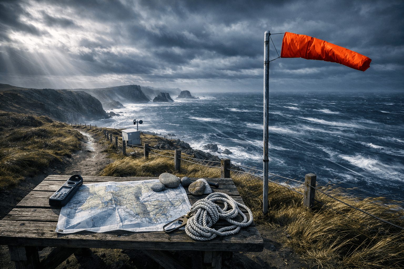Windy coastal headland with map table, orange windsock, sea spray, and weather station; oregon golf course bandon dunes.