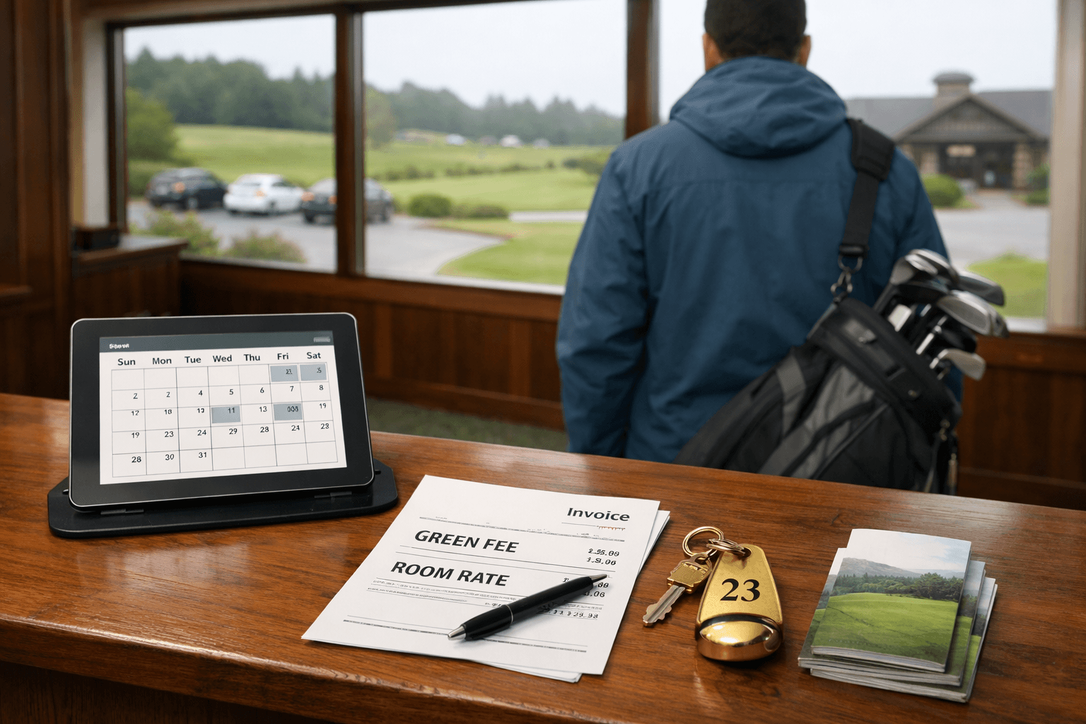Booking counter with golf trip documents and traveler by windows overlooking an Oregon golf course Bandon Dunes resort.