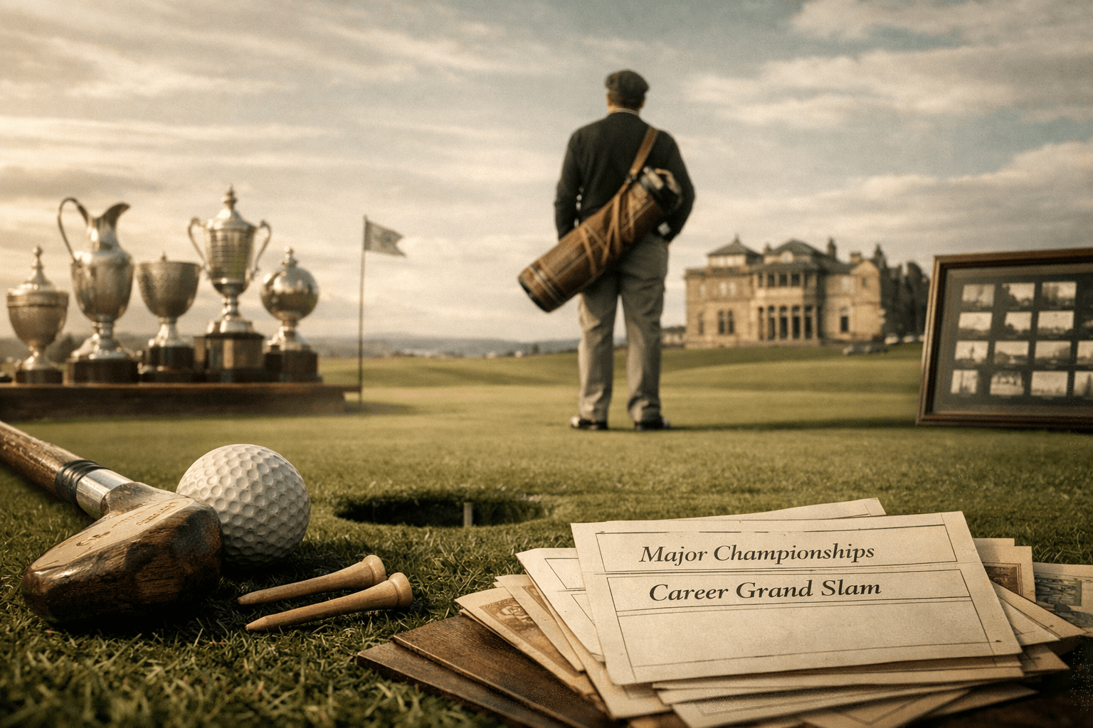 Gary Player Golfer: Career, Majors, and Legacy 1 gary player golfer stands on a historic course, facing a clubhouse, with golf gear, scorecards, and trophies in the foreground