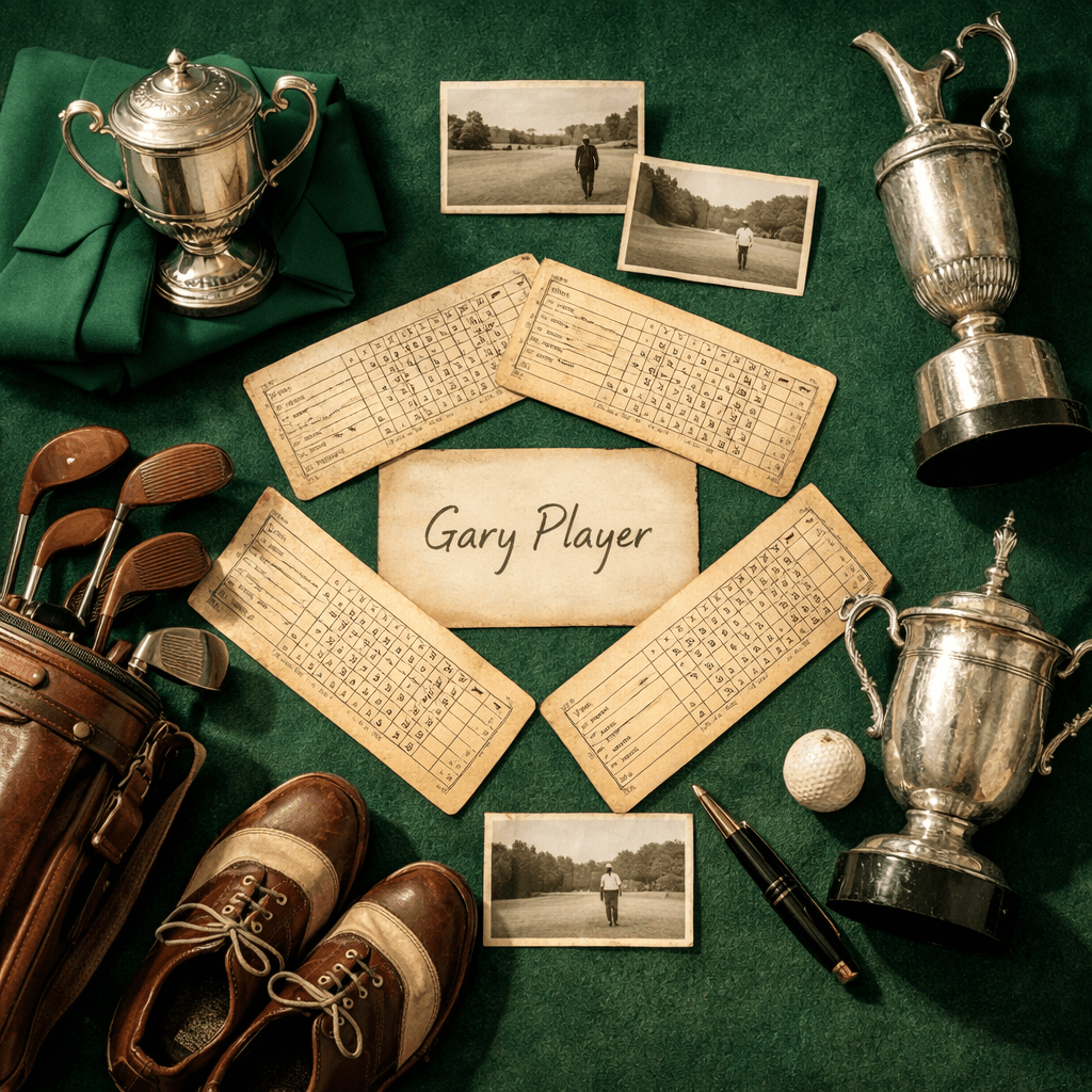 Archival flat lay of Gary Player’s major trophies, scorecards, golf gear, and photos on green felt; gary player golfer memorabilia.