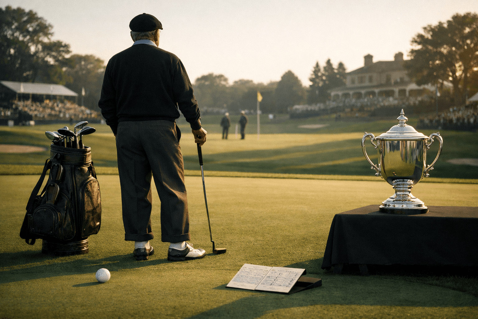 gary player golfer seen from behind on a final green beside his golf bag, trophy, ball, and scorecard at a championship course
