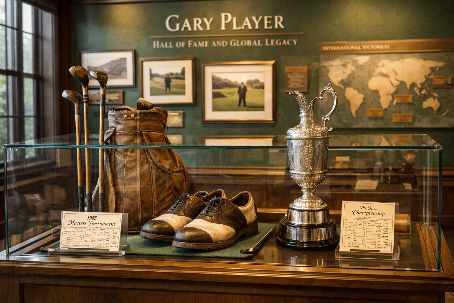 Gary Player golfer memorabilia in a golf hall of fame gallery, with clubs, trophy, scorecards, and archival displays.