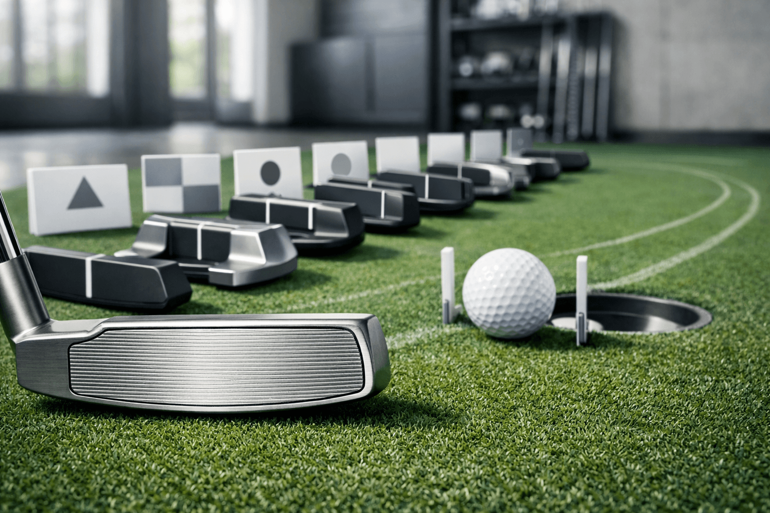 Nine modern good golf putters line a putting green, with a milled face, ball, alignment gate, and cup in sharp focus.