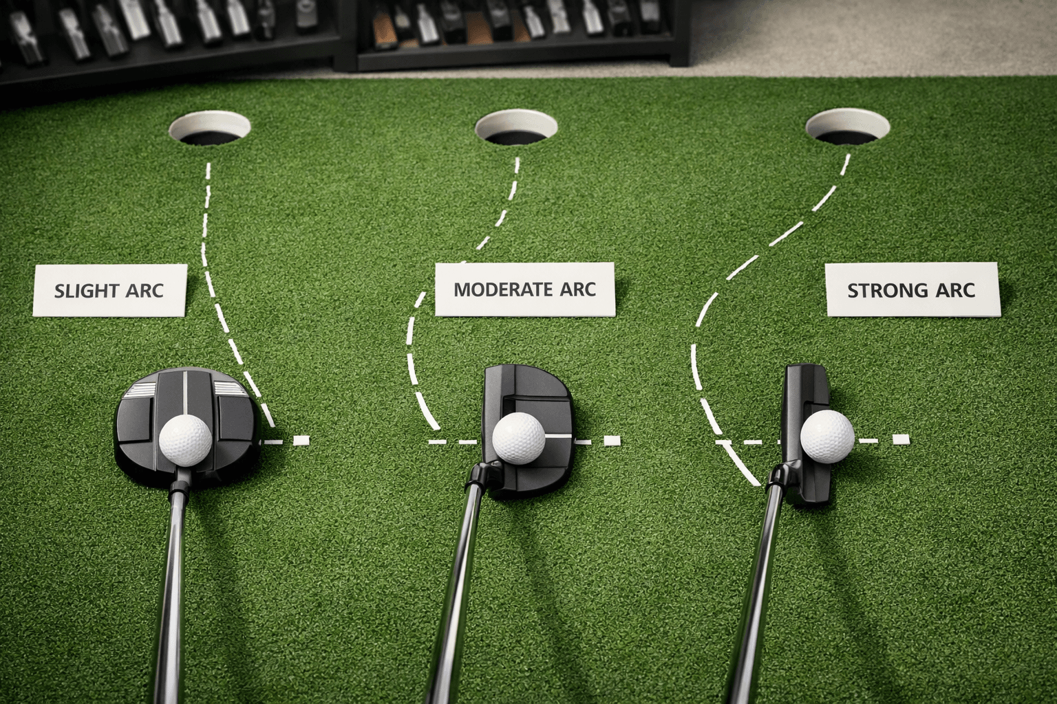 Comparison of three good golf putters on an indoor green, showing slight, moderate, and strong arc paths to cups.