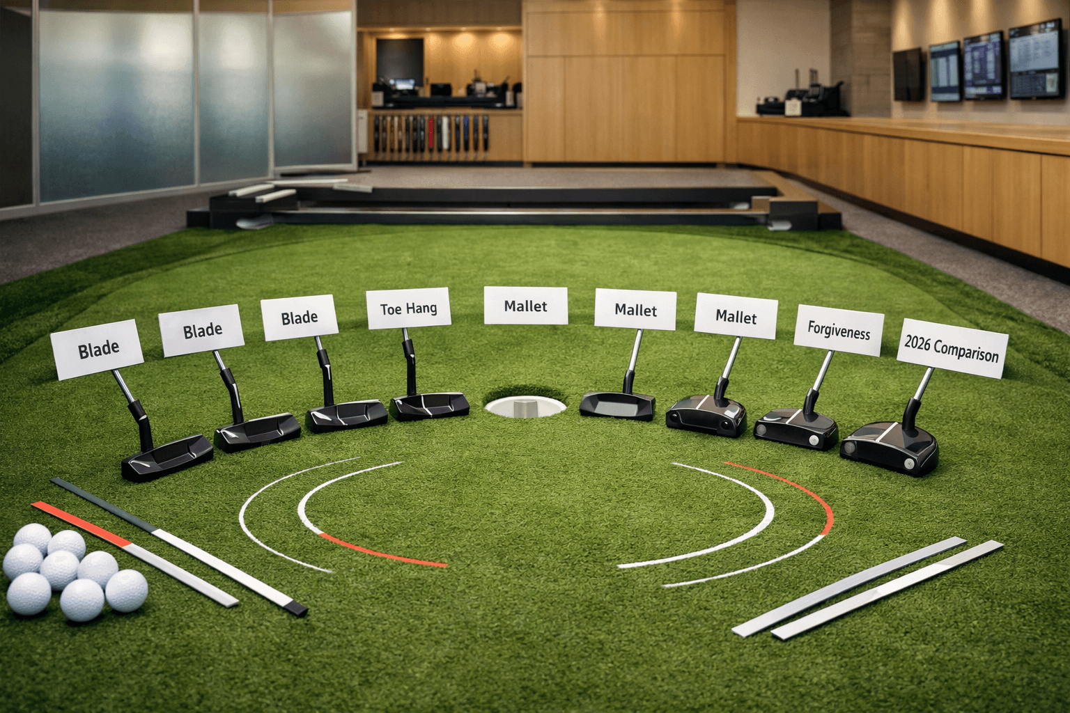 Indoor golf fitting studio with nine putters arranged around a cup on a pristine green, comparing good golf putters.