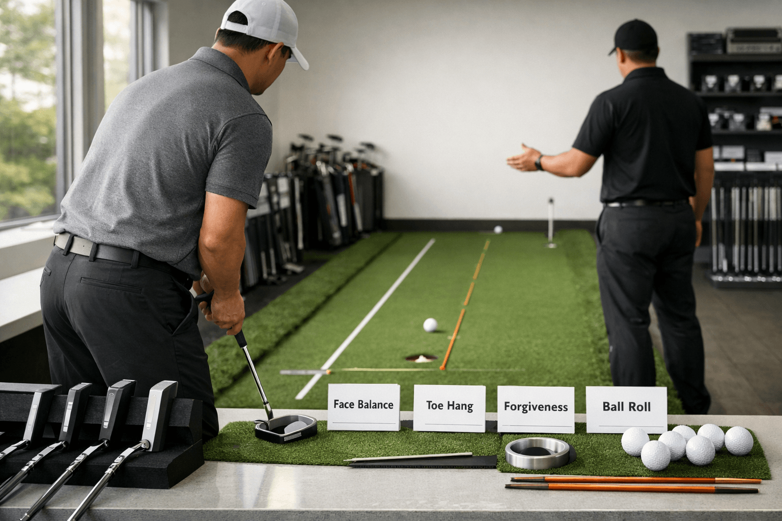 Faceless golfer testing good golf putters on an indoor putting green beside comparison aids and fitting staff.