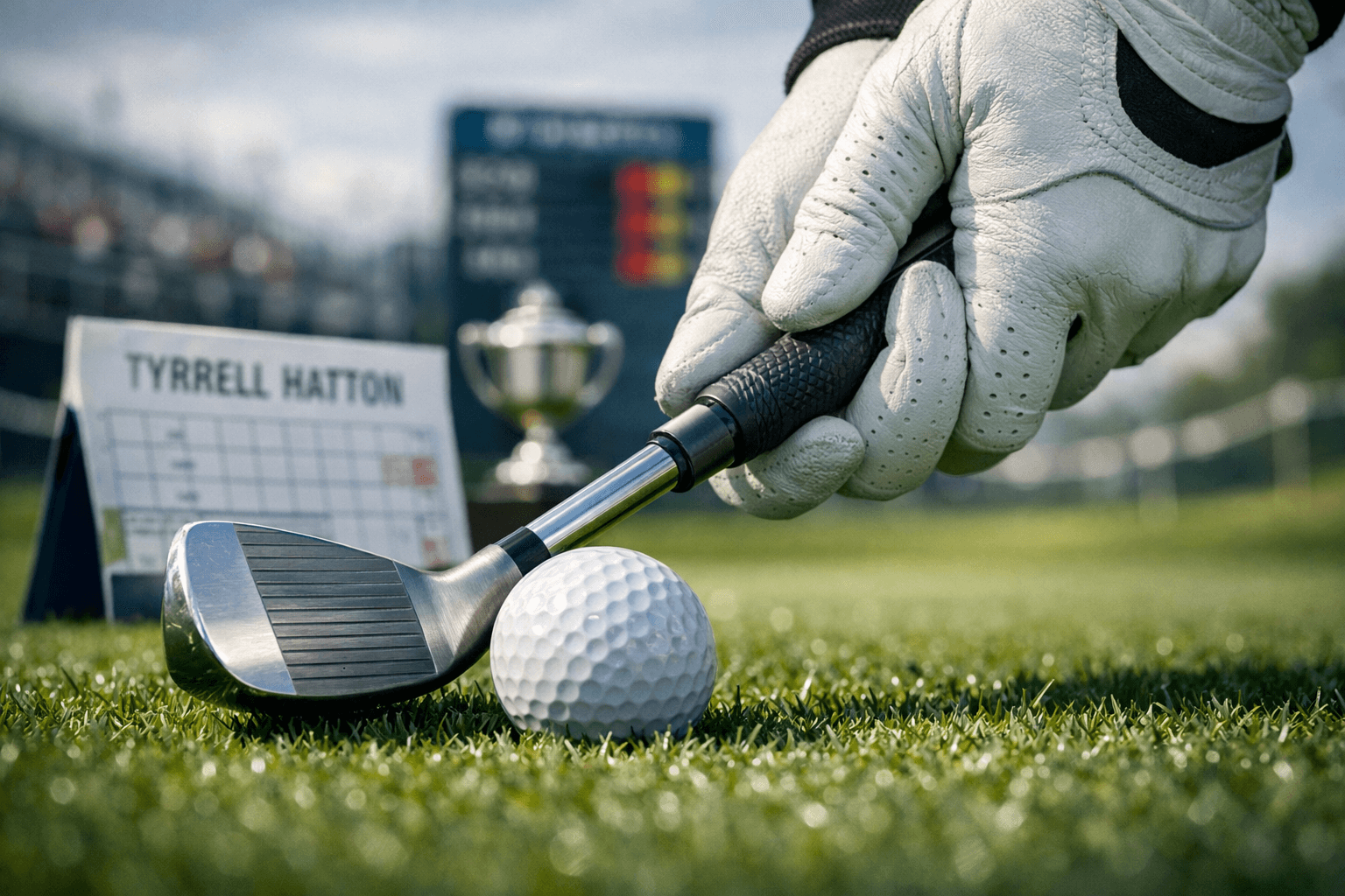 Hatton Golfer: Career, Wins, and Playing Style 1 Close-up of hatton golfer’s gloved hands gripping an iron behind a golf ball, with scorecard, trophy, and tournament bokeh.