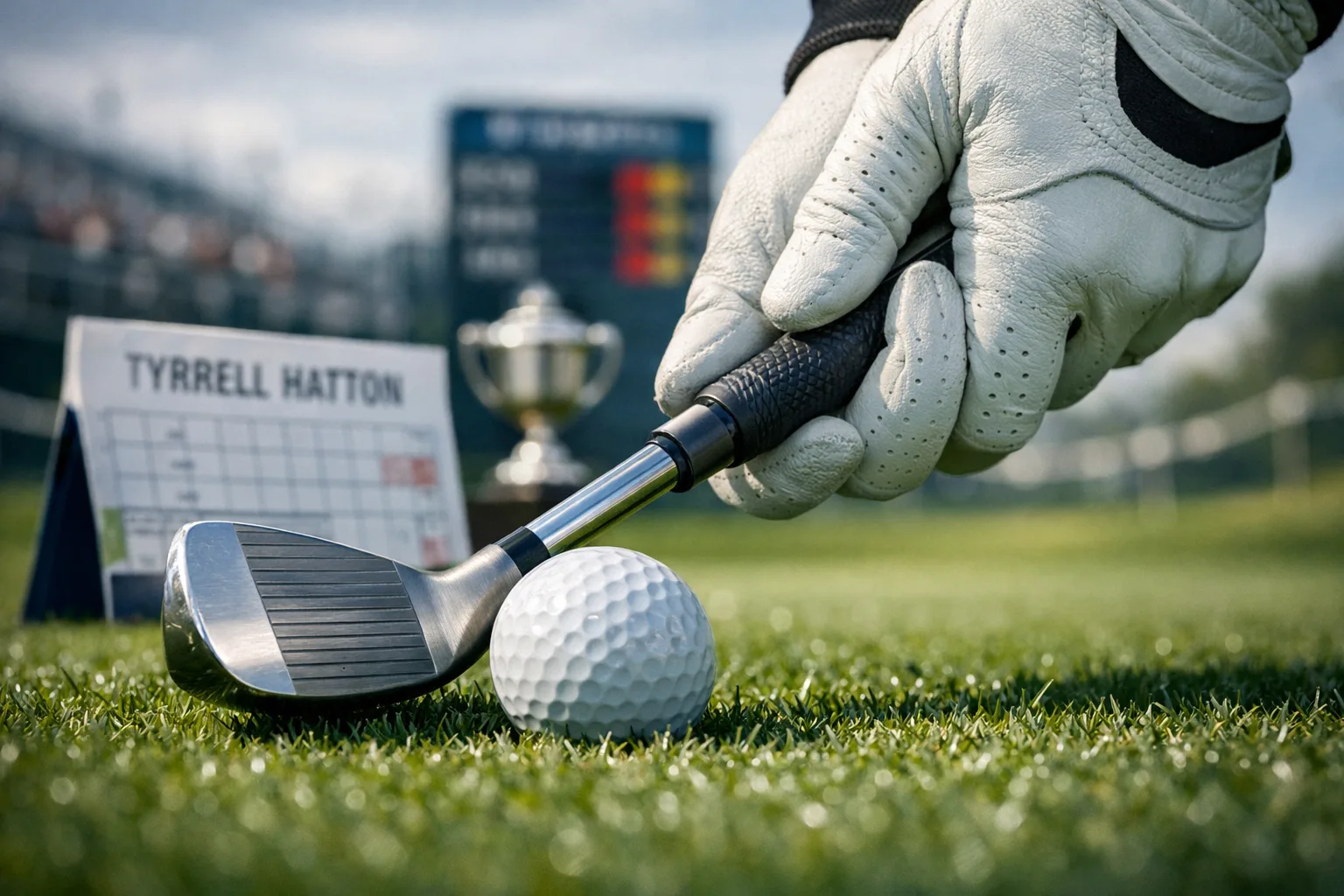 Hatton Golfer: Career, Wins, and Playing Style 2 Close-up of hatton golfer’s gloved hands gripping an iron behind a golf ball, with scorecard, trophy, and tournament bokeh.