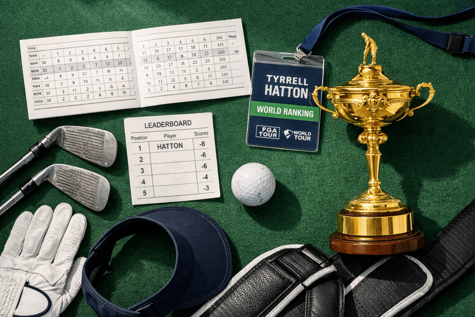 Overhead golf flat lay featuring hatton golfer career documents, Ryder Cup trophy, clubs, glove, visor, ball, and leaderboard.