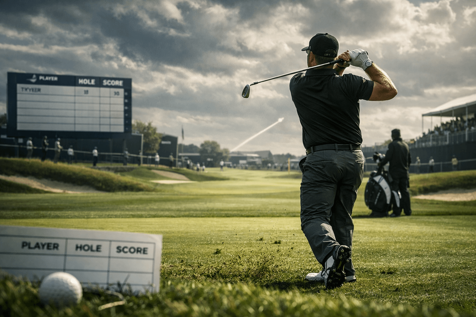 hatton golfer seen from behind striking a forceful iron shot on a championship fairway toward a guarded green.