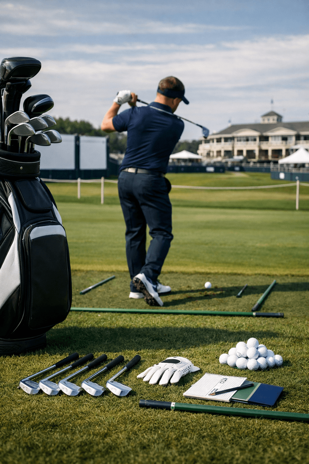 Hatton golfer preparing an iron shot beside a loaded golf bag, forged irons, glove, range balls, and scorecard on a tournament practice range.