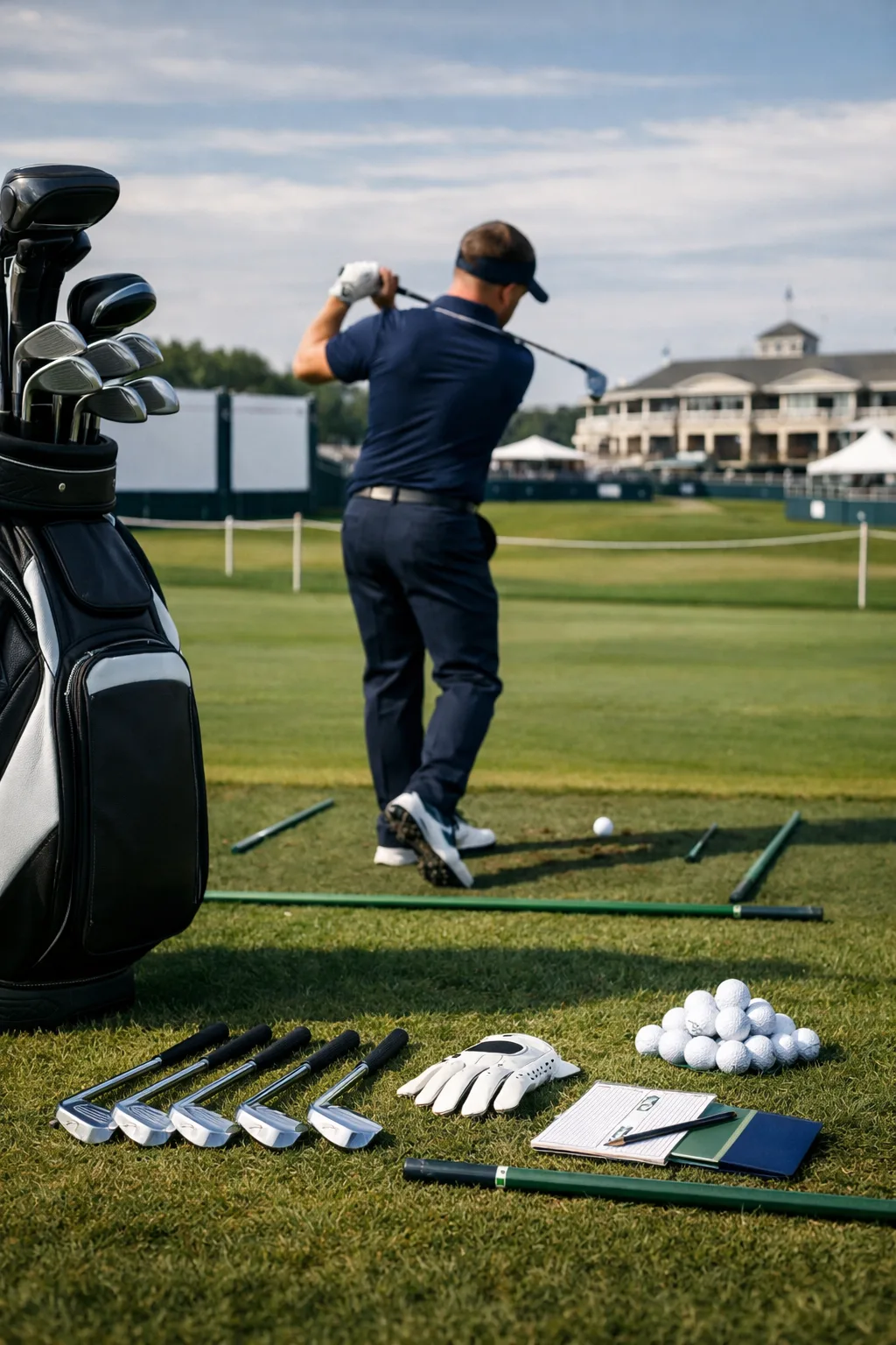 Hatton golfer preparing an iron shot beside a loaded golf bag, forged irons, glove, range balls, and scorecard on a tournament practice range.