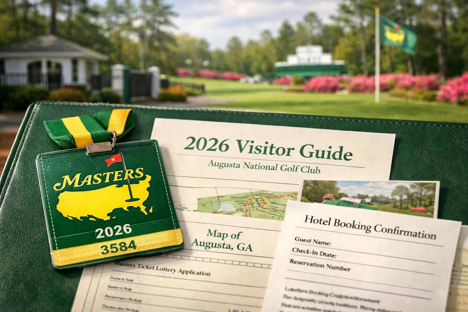 Golf Augusta National: 2026 Visitor Guide 1 2026 Masters visitor kit with badge, map and hotel confirmation on a green folder; golf augusta national gate blurred behind.
