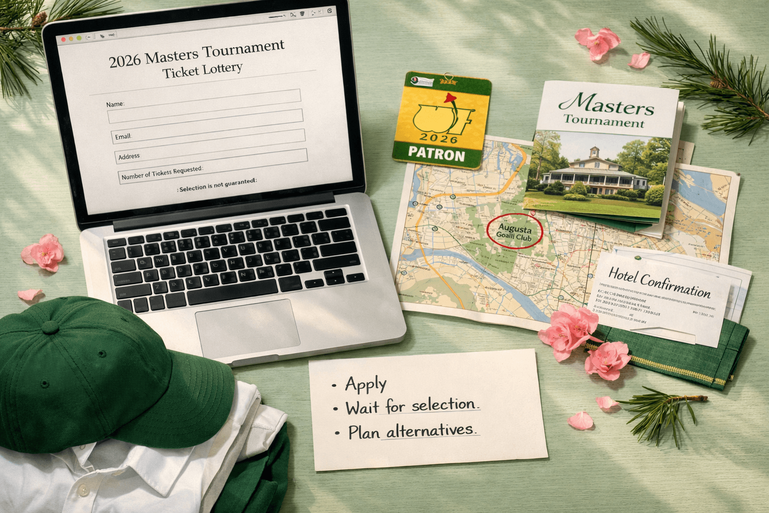 Overhead golf augusta national planning scene with 2026 Masters ticket lottery laptop, map, badge, guide, and notes.