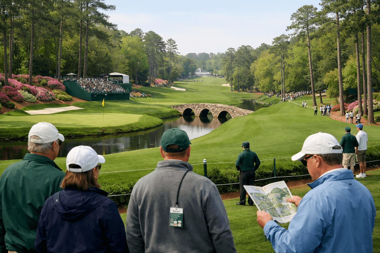 Wide view of Augusta National’s Amen Corner with patrons, Rae’s Creek, stone bridge, azaleas, and golf flags, golf augusta national